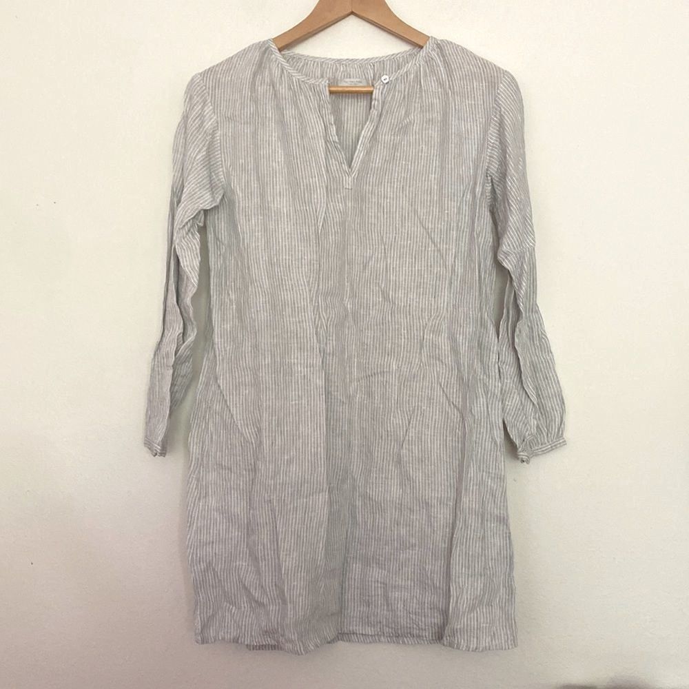 Fog Linen tunic dress sz M light grey + white vertical stripes EUC shell btns